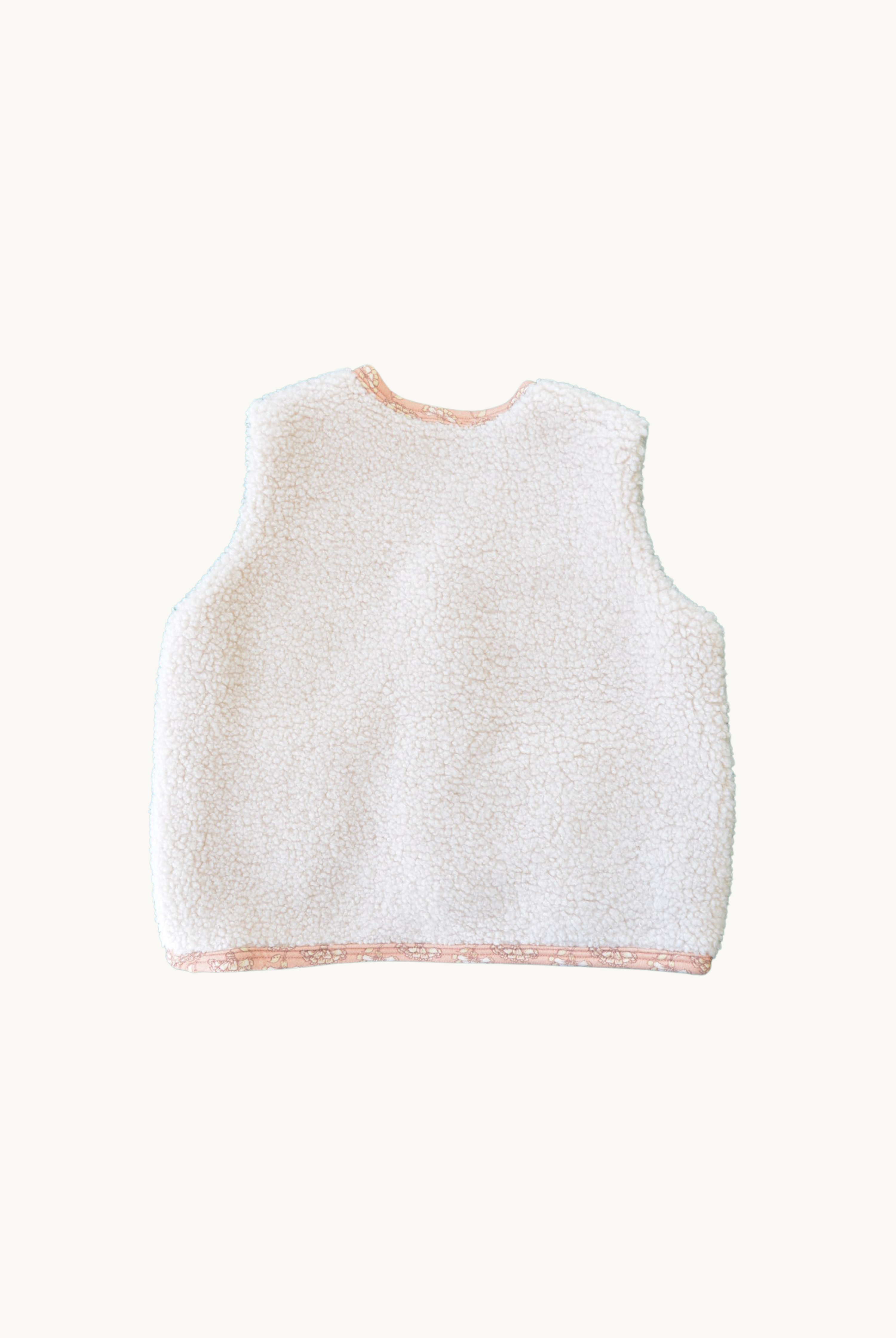 Rosalie Teddy Vest Back View – Cream Baby Vest with Pink Floral Lining, Cozy Sleeveless Outerwear for Toddlers, Eco-Friendly