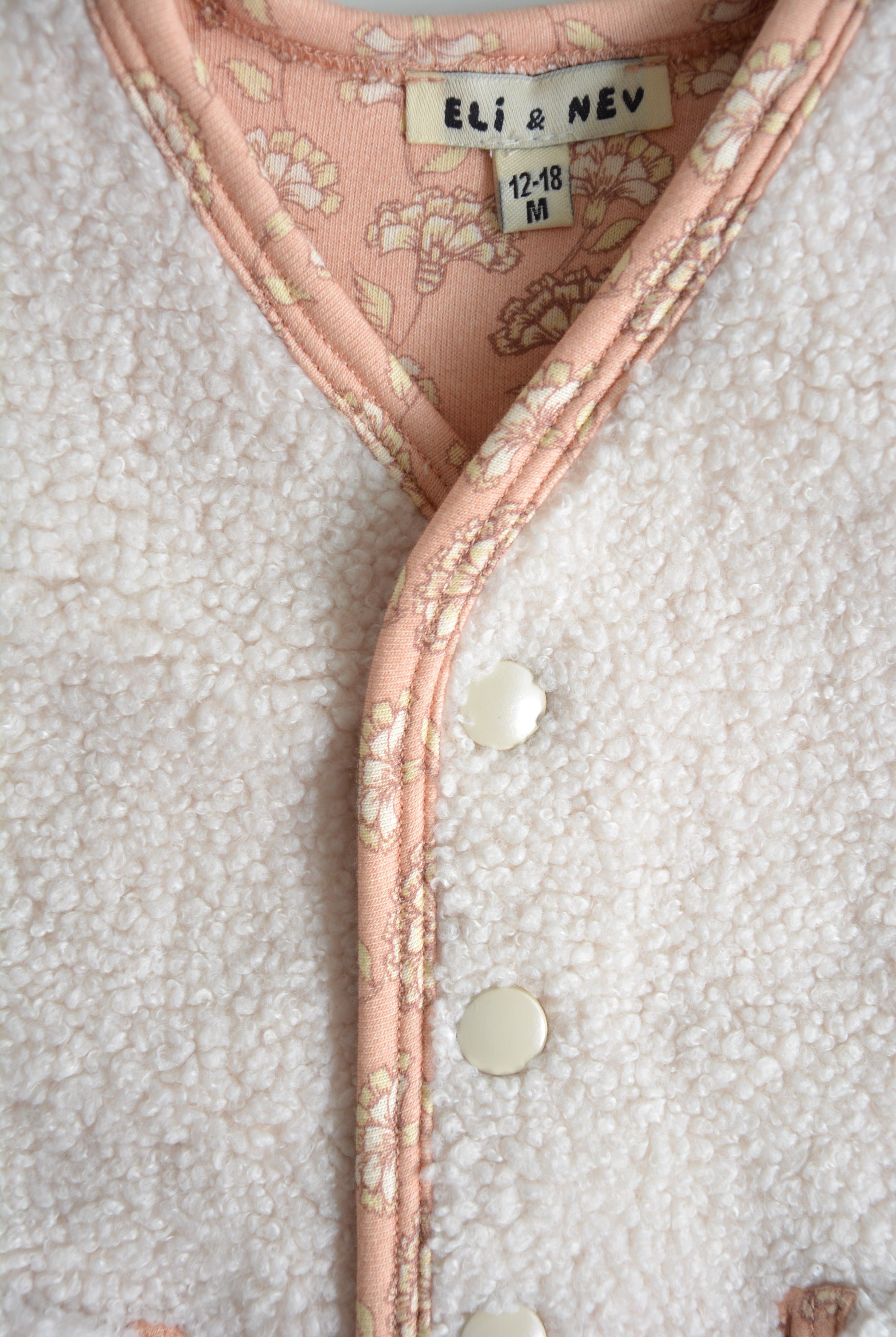 Rosalie Teddy Vest Snap Button Detail – Easy Dressing Cream Baby Vest with Floral Lining, Soft and Cozy Outerwear