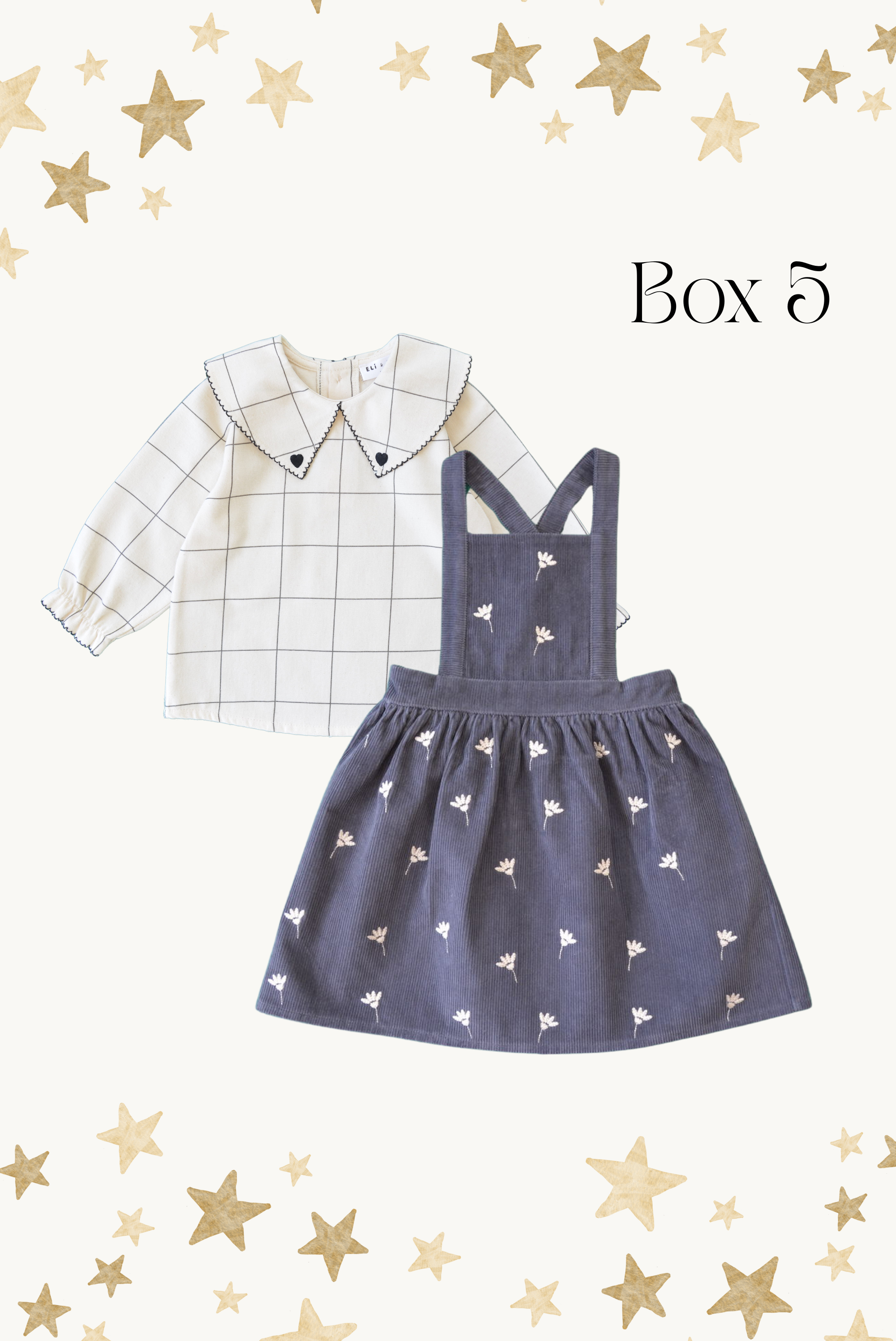 Children's clothing set with checkered shirt and denim pinafore dress on a star-patterned background