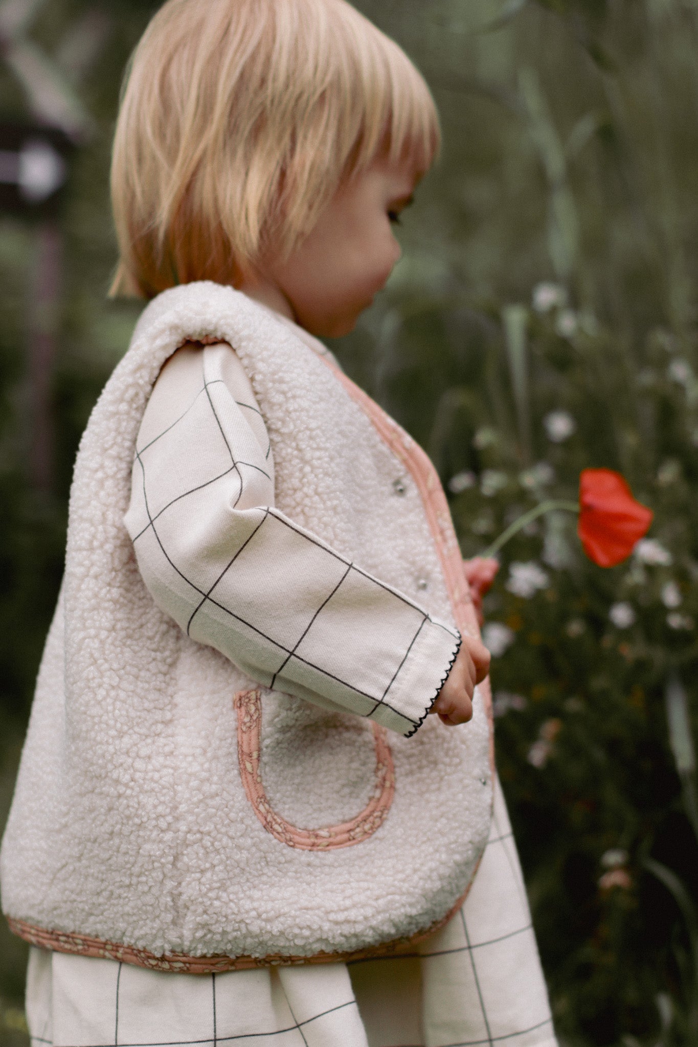 Baby Wearing Rosalie Teddy Vest – Cozy Cream Sleeveless Baby Vest with Pink Floral Lining, Perfect Fall & Winter Layering
