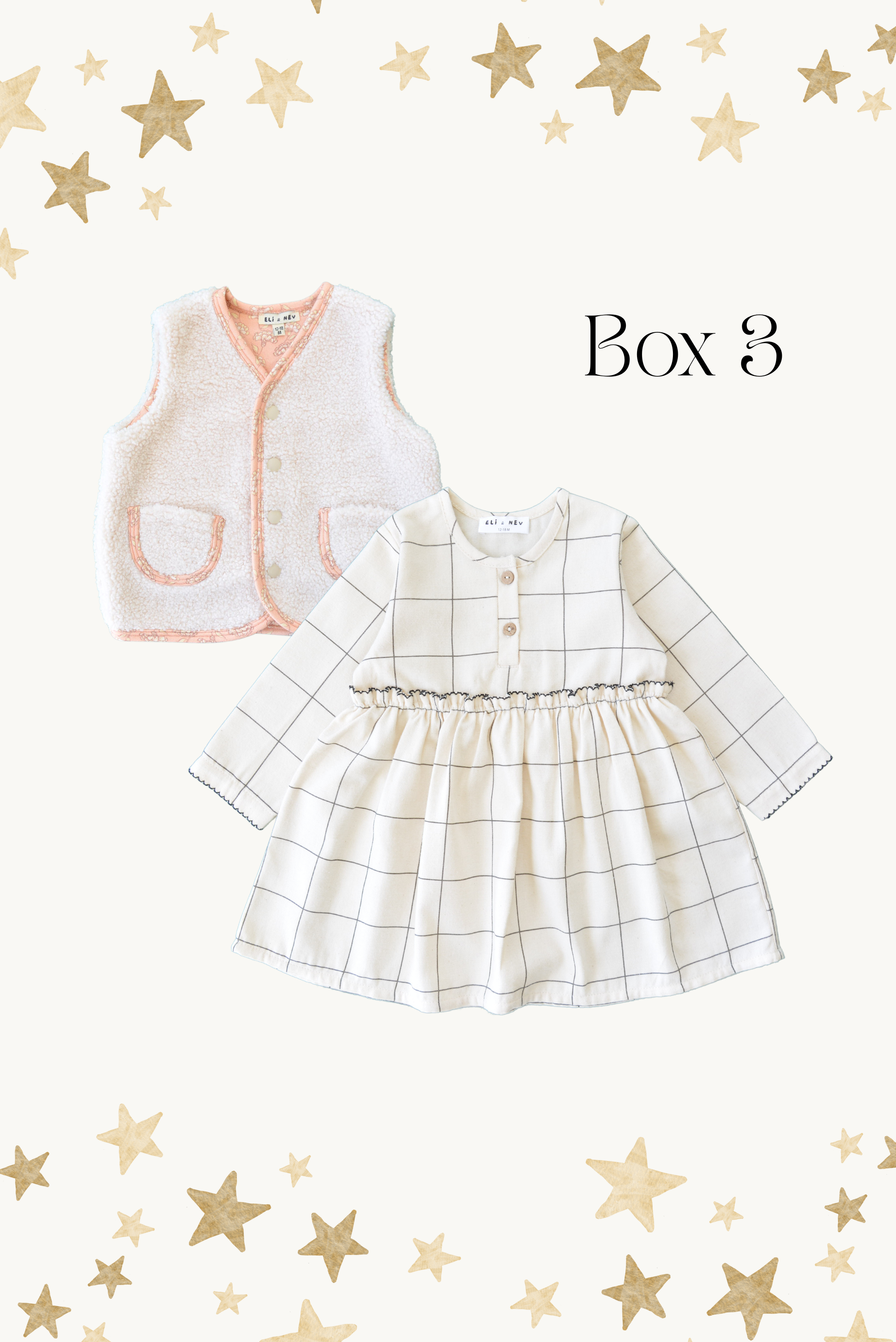 Children's outfit with checkered dress and vest on a white background with gold stars.