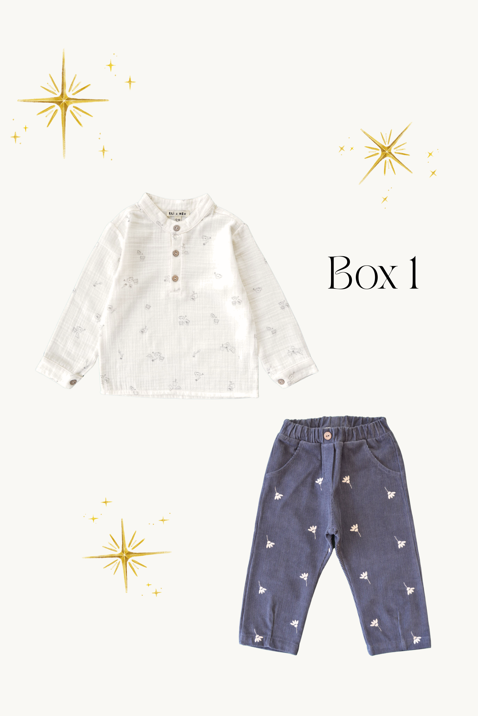 White shirt with star pattern and blue pants with bird pattern on a white background