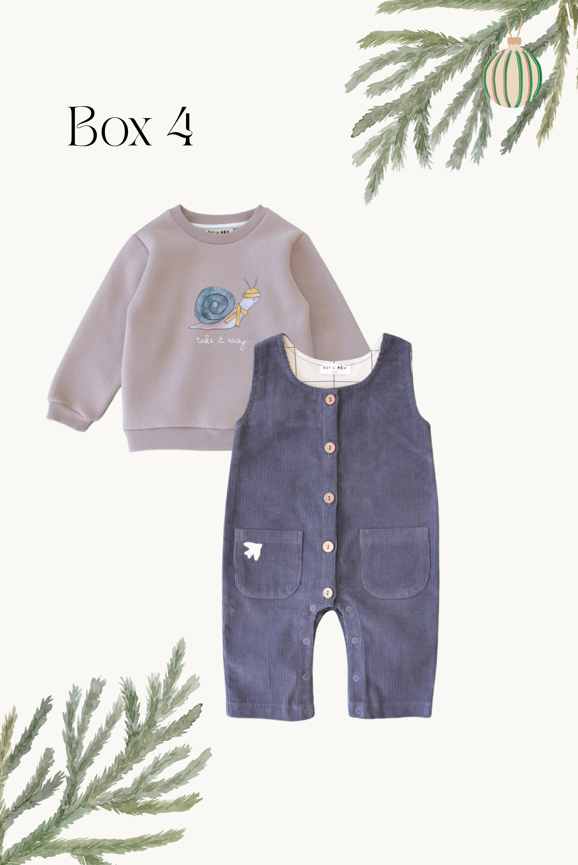 Children's outfit with gray sweatshirt and blue overalls on a white background with decorative greenery.
